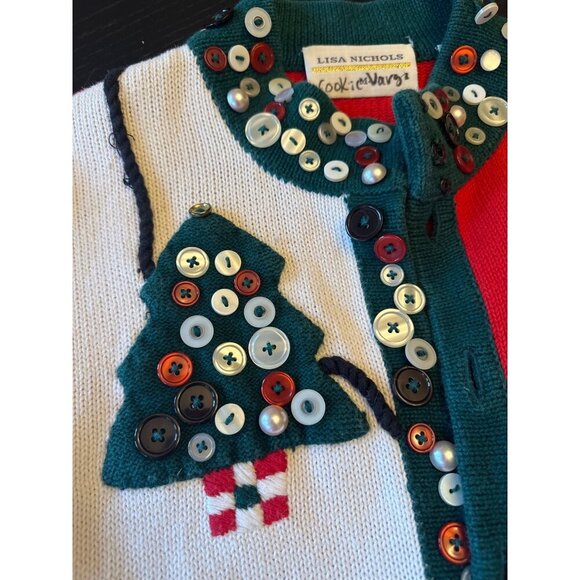 Vintage Lisa Nichols Ugly Christmas Sweater Cardigan With Button Tree Design & R - Picture 3 of 7